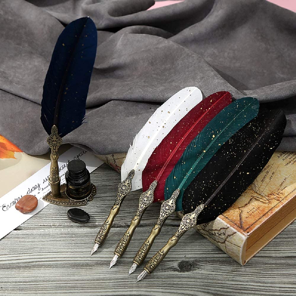 HASTHIP Vintage Carving Feather Pen Set, Glittering Quill Pen Set Antique Calligraphy Writing Dip Pen with Black Ink, 2 Replacement Nibs, Pen Stand Base, Luxury Signature Pen (Blue) HASTHIP Vintage Carving Feather Pen Set, Glittering Quill Pen Set Antique Calligraphy Writing Dip Pen with Black Ink, 2 Replacement Nibs, Pen Stand Base, Luxury Signature Pen (Blue)